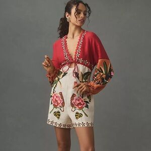 NWT Farm Rio Long-Sleeve Romper Floral Anthropologie Size M Resort Vacation